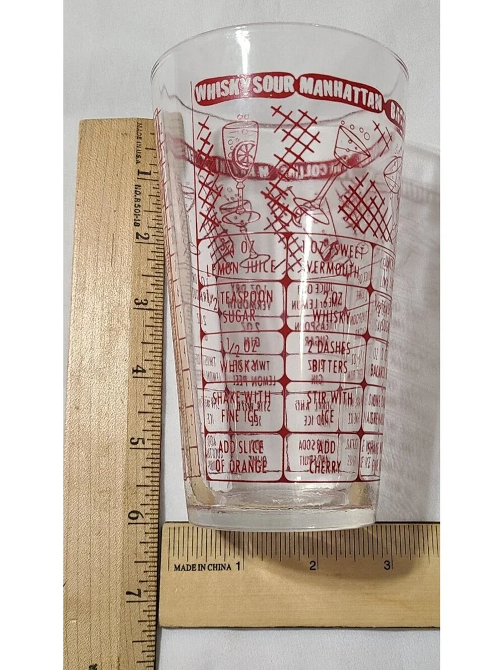 Vtg Federal Glass Mixology & Recipe Tumbler  Retro Red Print  MCM Barware Glass